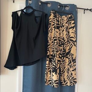 SHEIN Black and Tan Leaf Print Wide Leg Pants